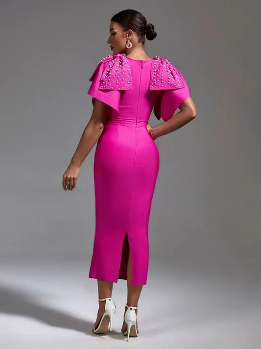 Rose Red Bow Sleeve Beaded Bandage Midi Dress – Elegant Slim Fit Evening Party Dress - Red - Size XL - HER SHOP