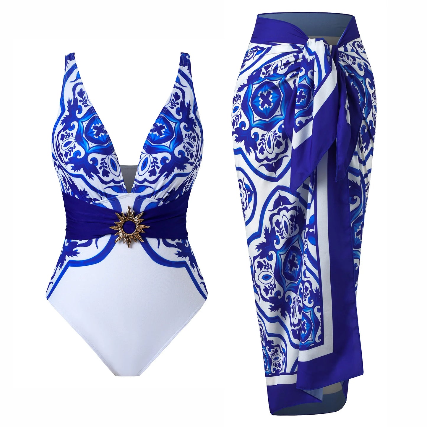 Blue Porcelain Floral Halter Swimwear Set with Skirt