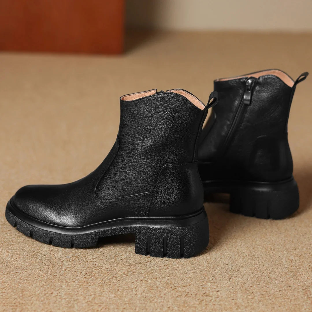 Women’s Genuine Sheepskin Ankle Boots with Side Zip – Round Toe, Soft Comfort, Thick Sole Casual Boots for Autumn