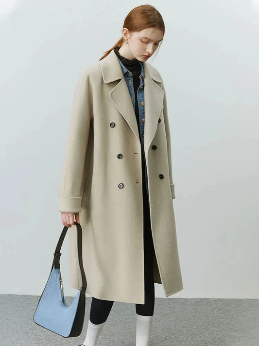 Full Woolen Long Coat for Women – Hepburn Style Double-Sided Gentle Color Autumn Winter Coat - HER SHOP