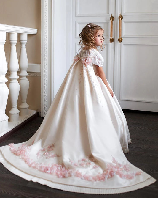 Young girl in a white embroidered dress standing indoors. - HER SHOP