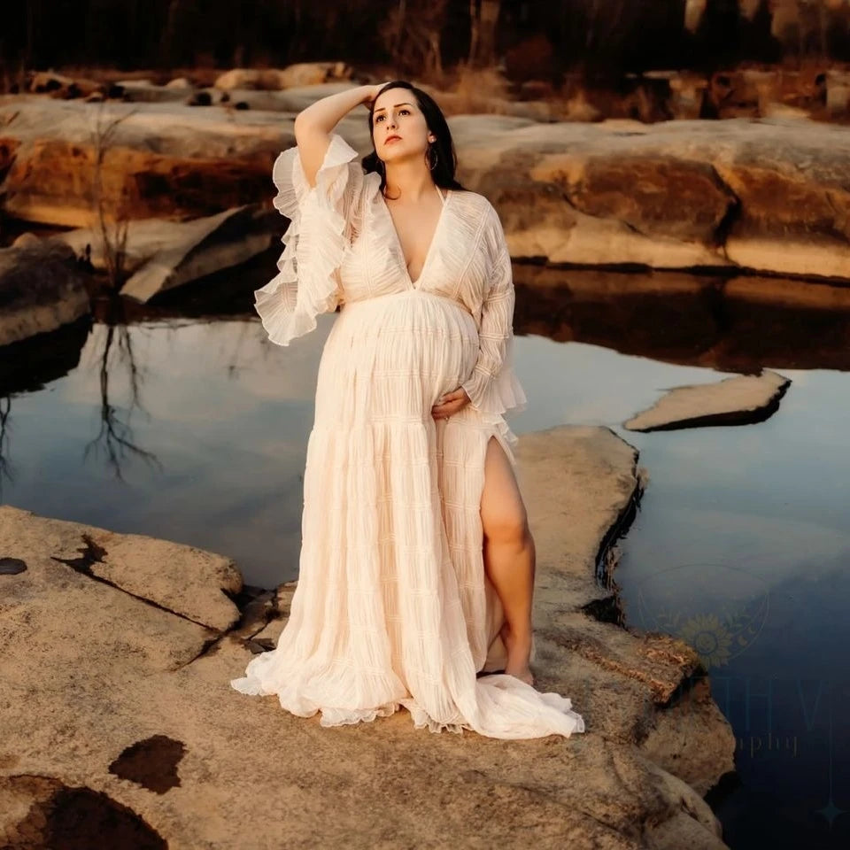 Pleated Chiffon Boho Maternity Photoshoot Dress | Maxi Baby Shower Gown for Pregnant Women | Photography Prop Dress - Ivory / L Pleated Chiffon Boho Maternity Photoshoot Dress | Maxi Baby Shower Gown for Pregnant Women | Photography Prop Dress - Ivory / L