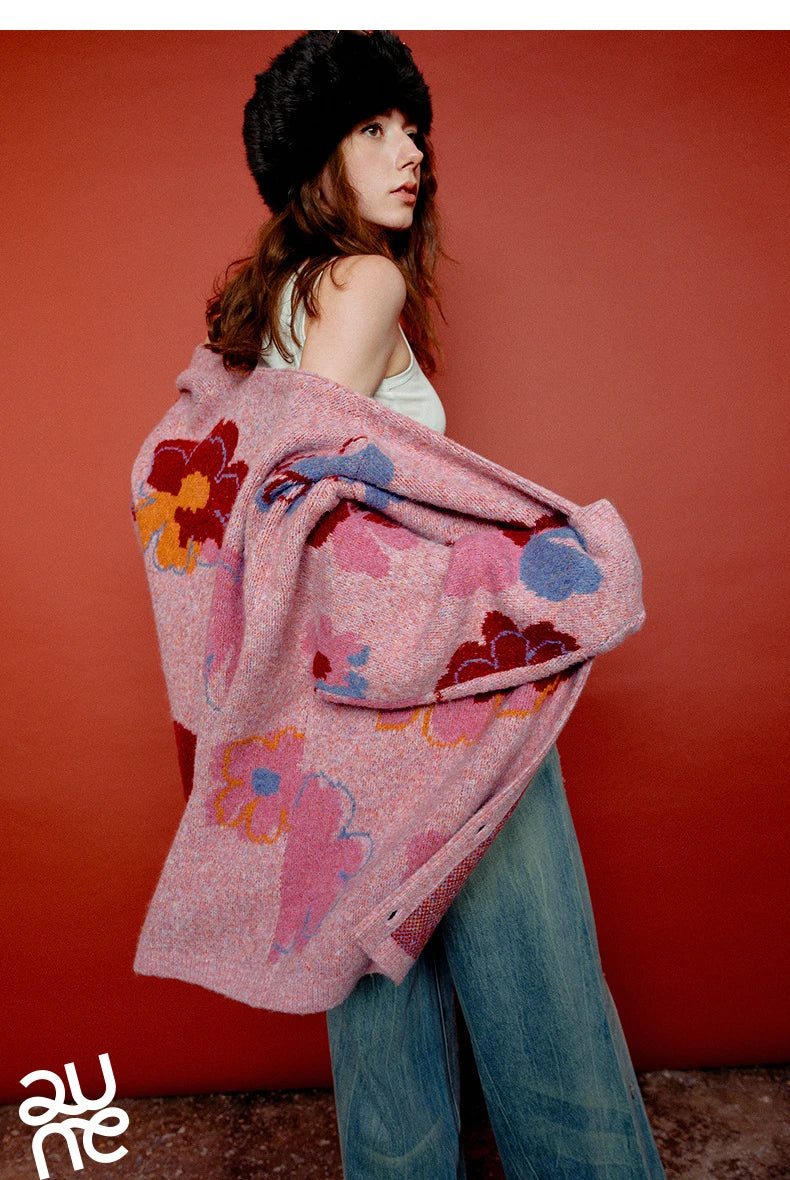 Women’s Floral Jacquard Knit Cardigan Coat – V-Neck Button Front Office-Style Jacket for Spring & Fall