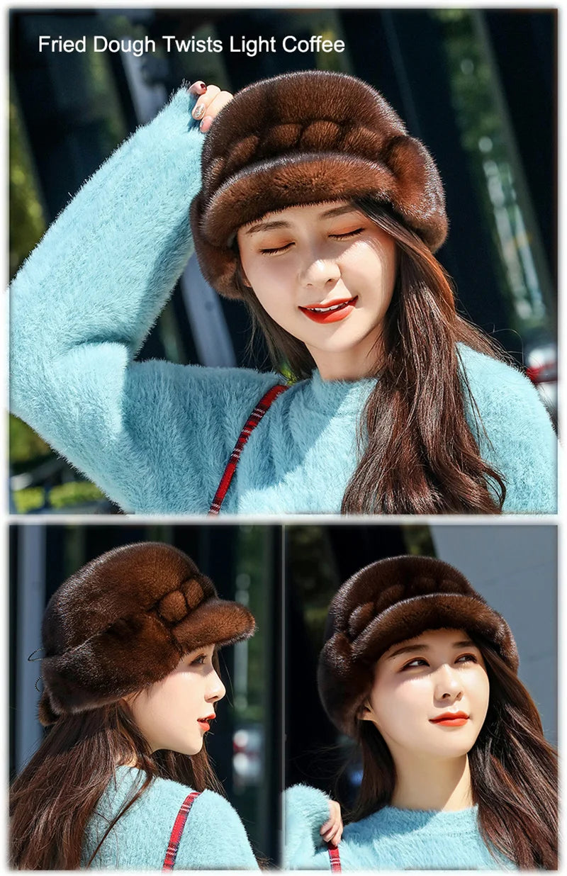 Russian Fur Hat Winter Warm Natural Mink Fur Hats for Women Classic Luxury Caps Earflap Christmas Hat Luxury Lady Real Mink Hat