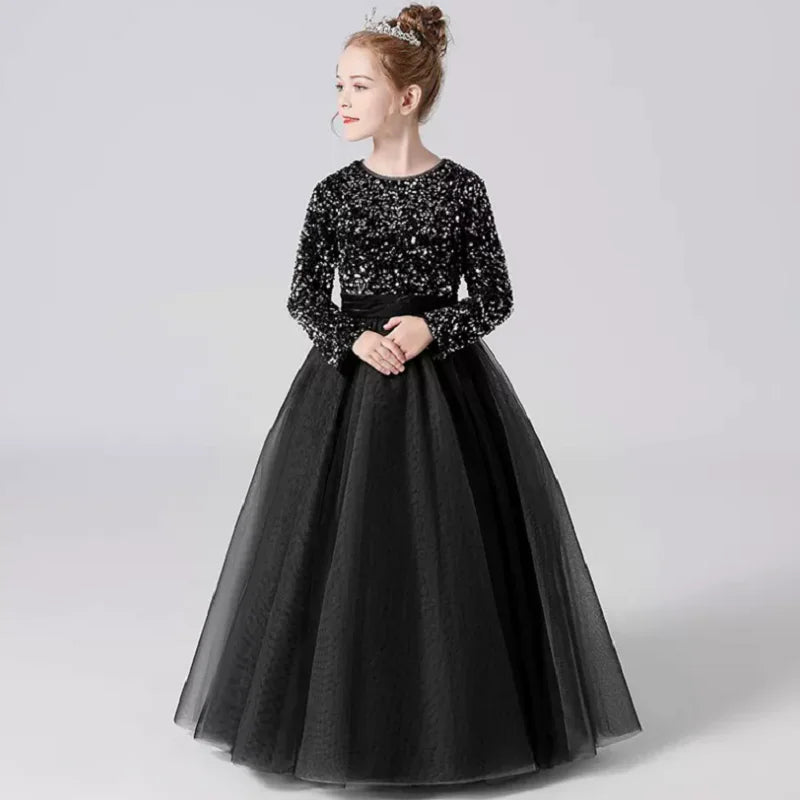 Customized Glitter Sequin Long-Sleeve Flower Girl Dress