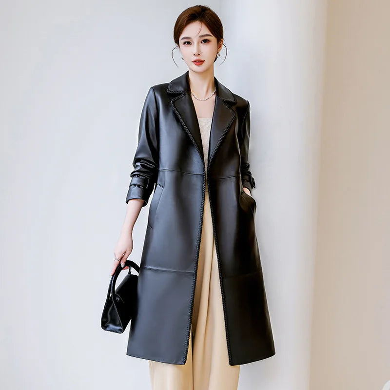 Women's Genuine Leather Trench Coat Lace-Up Long Slim Fit Spring Autumn Sheepskin Top