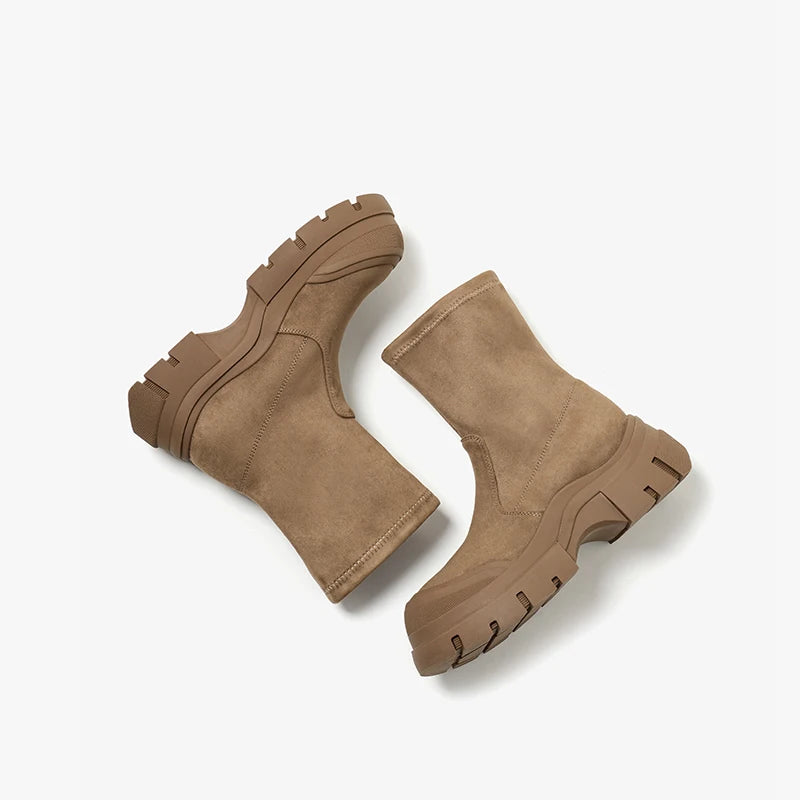 Women’s Stretch Fabric Sock Boots – Handmade Round Toe Slip-On Platform Boots in Solid Color