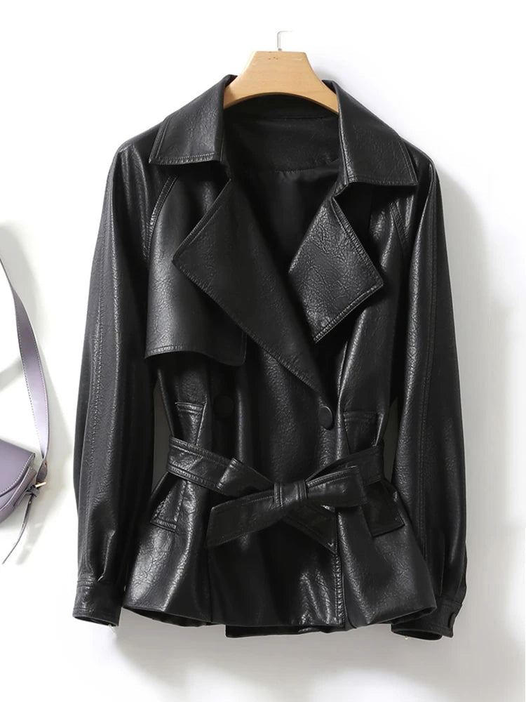 Black leather jacket with a belt on a white background