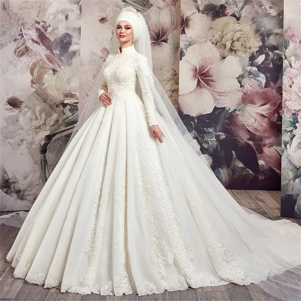 Custom Modest Couture Wedding Dress 2025 High Neck Long Sleeve Tulle Lace with Beading