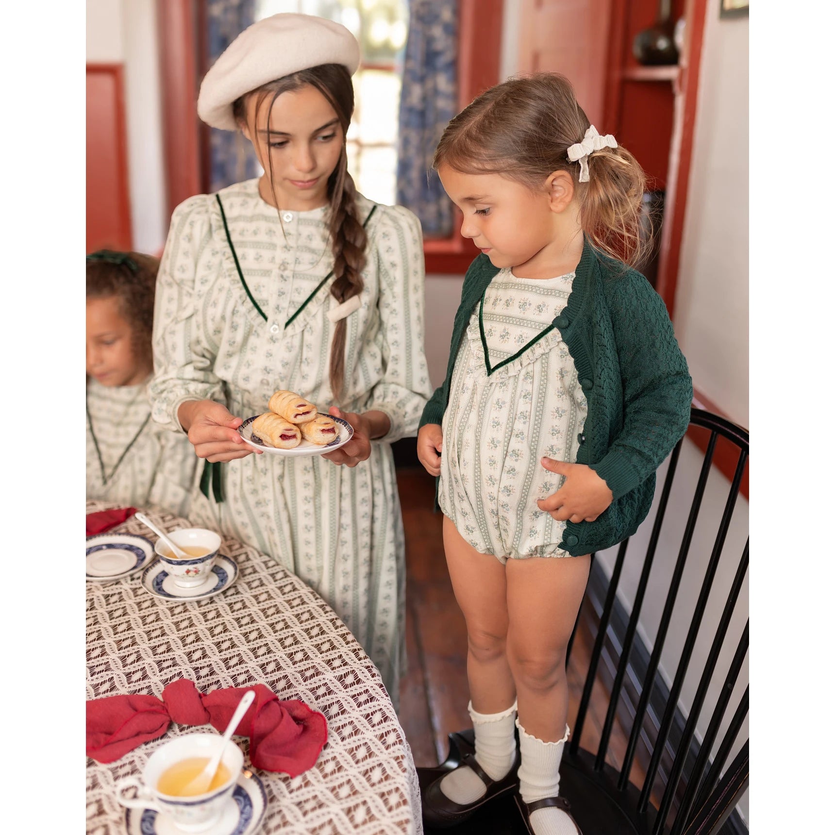 AP Tea Time Collection AW25 Girls Dress Boys Knitting Blazer Sweater Green Floral Cotton Family Matching Clothing