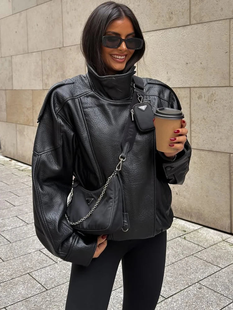 Trendy Solid PU Leather Moto Jacket for Women – Winter 2025 Turtleneck Retro Asymmetrical Vintage Coat
