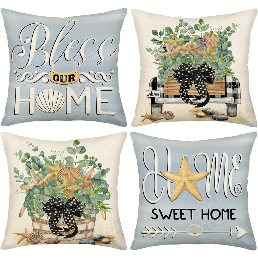 Set of four decorative pillows with home-themed designs. - HER SHOP