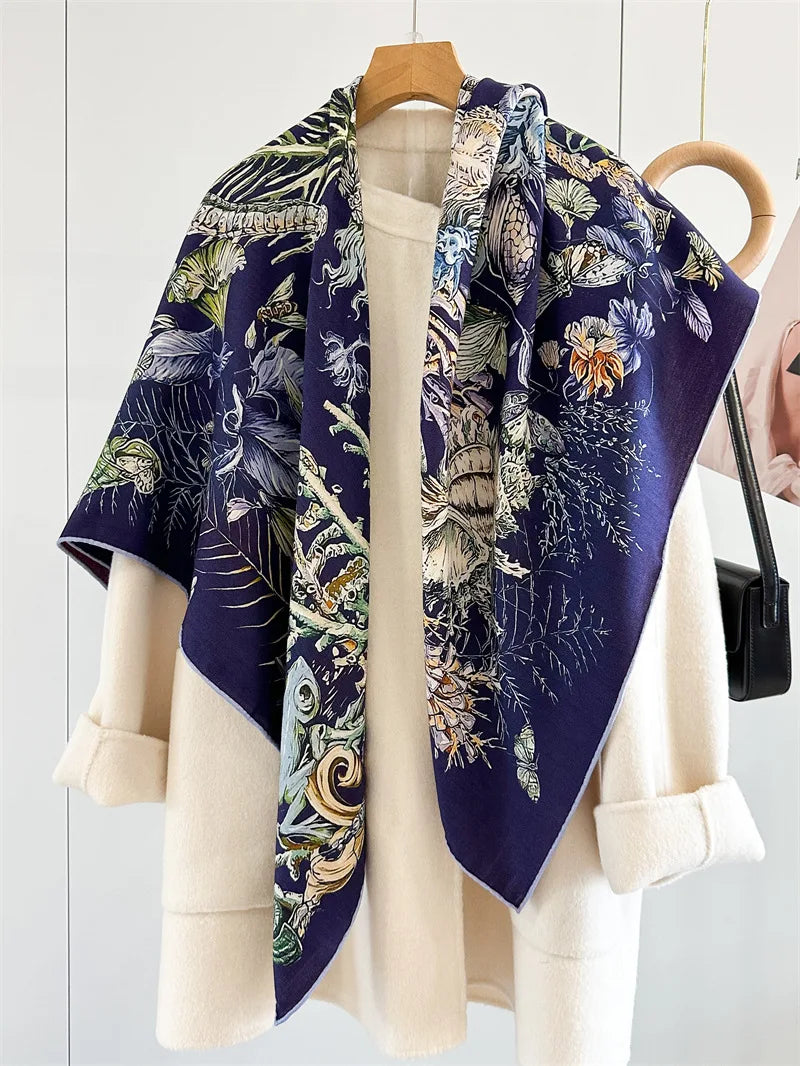 Winter Soft Scarf Double-Faced Printed Shawls Silk Wool Hand-rolled Edge Scarves Square Large Bandanas Shawls Christmas Gift