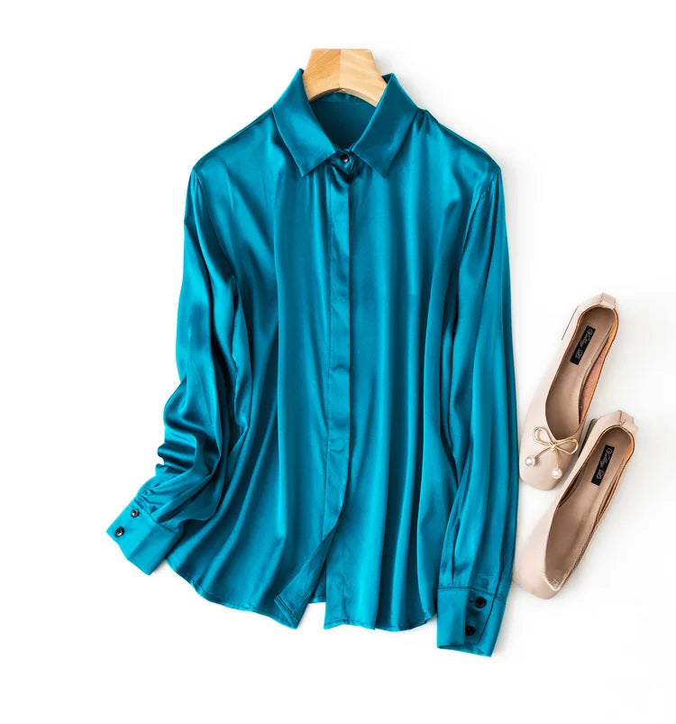 Women's 93% Mulberry Silk 7% Spandex 19 momme satin Silk Buttons down long sleeve shirt Top Blouse office work M L XL MM161