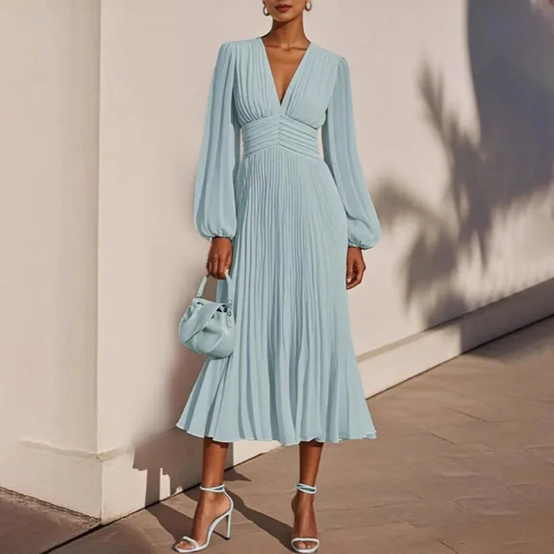 Sexy V-Neck High Waist Pleated Long Dress – Elegant Autumn Long Sleeve Party Dress for Women - HER SHOP