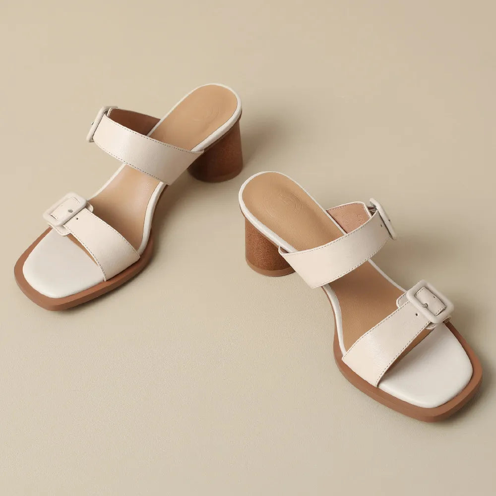 Women’s Cow Leather Slip-On Sandals – Double Metal Belt 5.5cm Chunky Heel Elegant Summer Slides