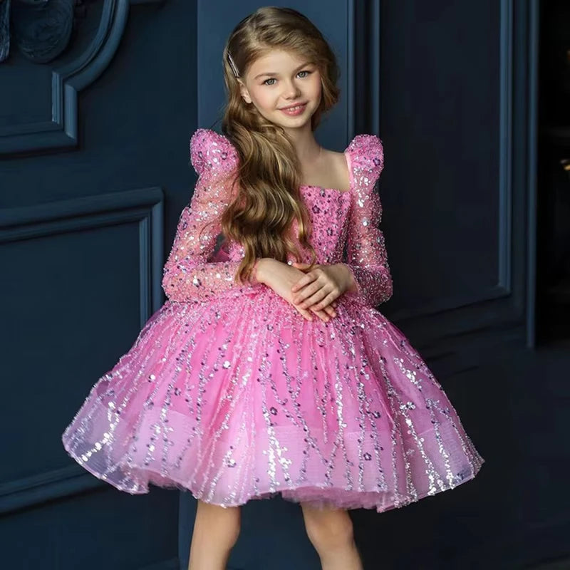 Girls Dress Sequin Mesh Long-sleeved Birthday Party  Outfit Matching BabyProm New children's Clothes Opening Ceremony