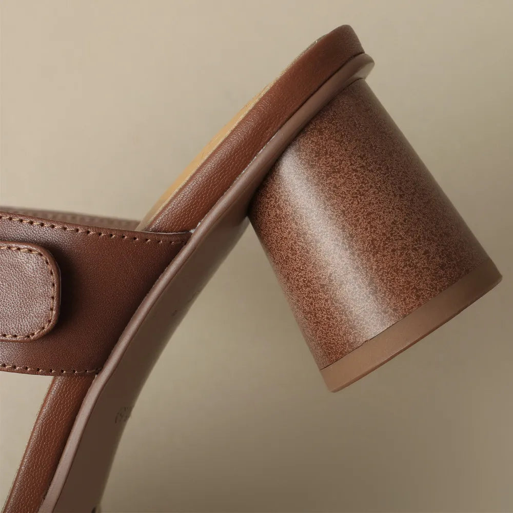 Women’s Cow Leather Slip-On Sandals – Double Metal Belt 5.5cm Chunky Heel Elegant Summer Slides