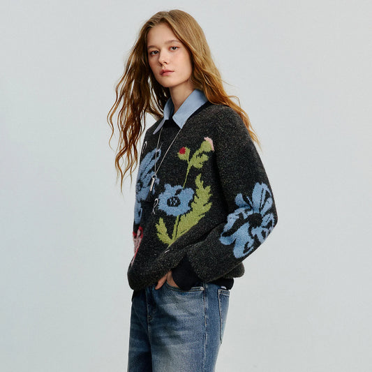 Women Sweater Autumn New Velvet Floral Patter Jacquard Long Sleeve Pullover Tops - HER SHOP