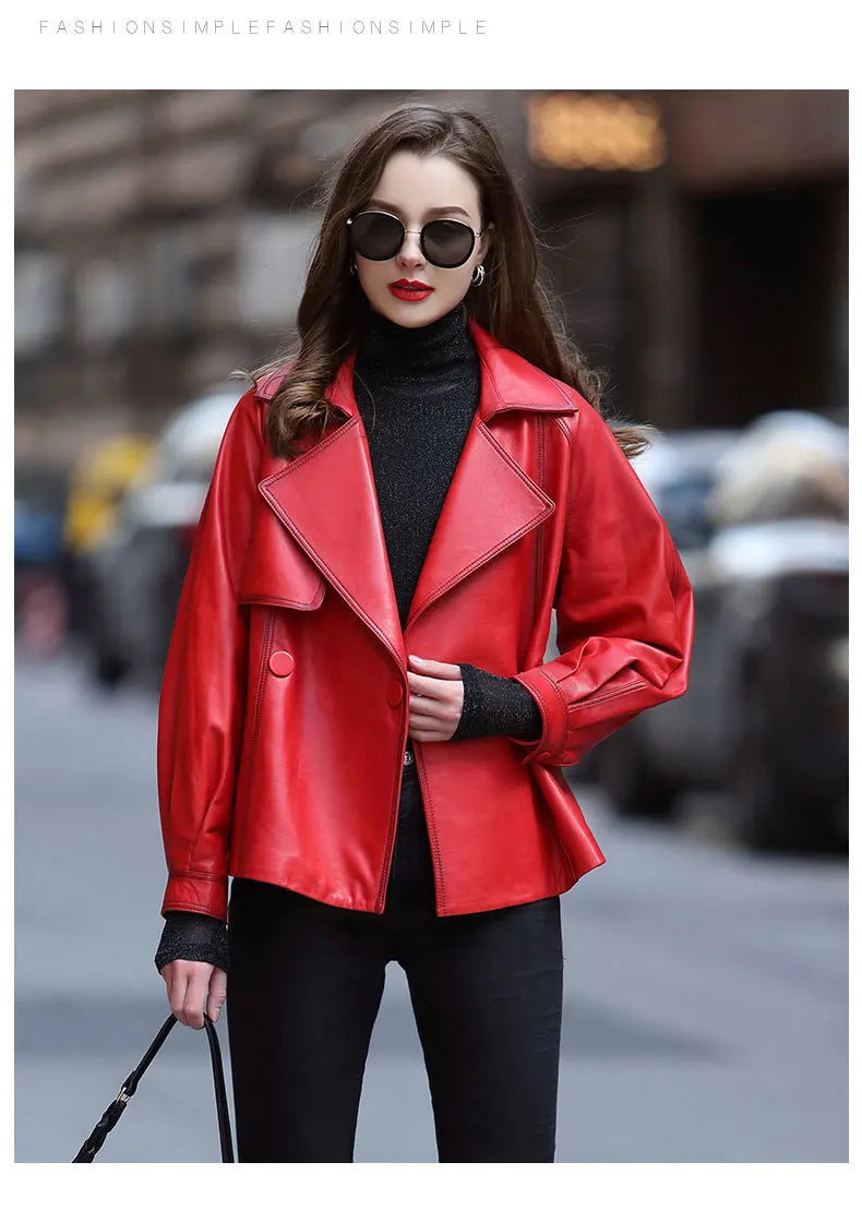 Vintage Brown Real Sheepskin Leather Jacket for Women – Lapel Collar Belted Design, First-Layer Leather, Casual Fashion Outerwear