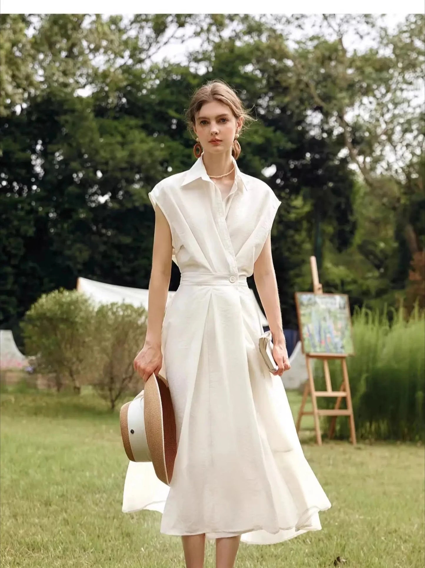 Women’s Summer Lyocell Shirt Dress – Elegant Vintage Short Sleeve Flared Midi Dress