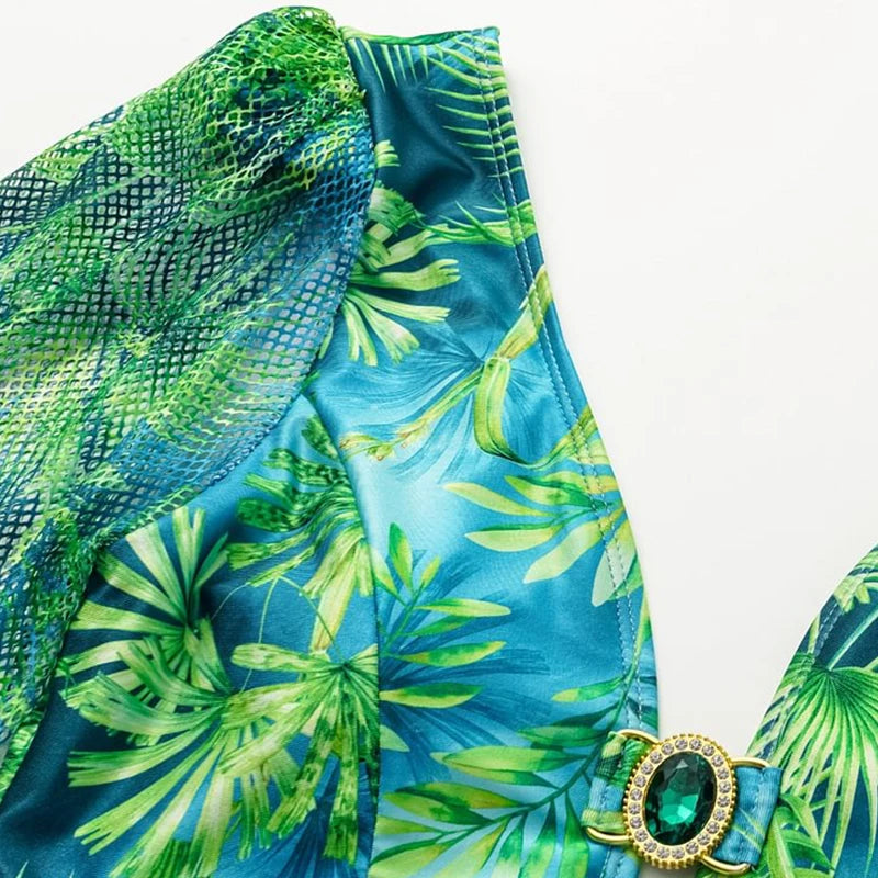 Jungle Green Deep V One-Piece Swimsuit with Skirt