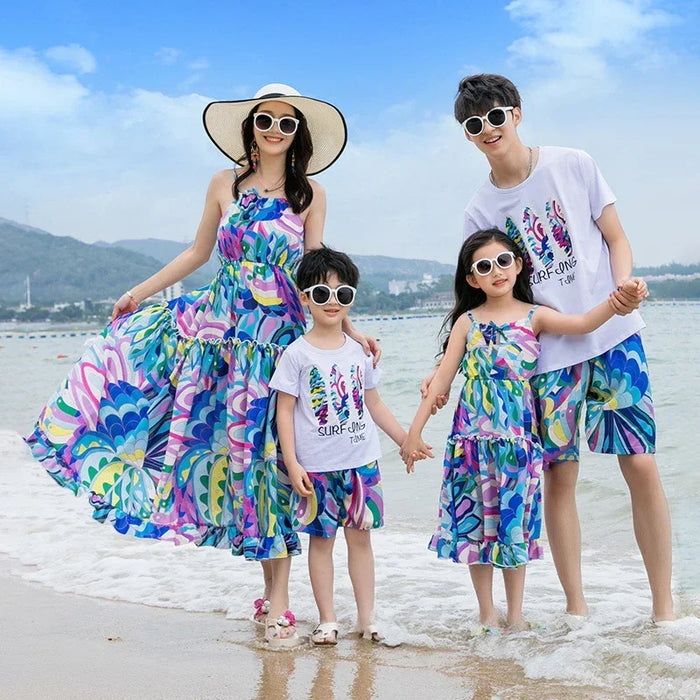 Family Matching Outfits – Dad & Son T-Shirts + Shorts, Mum & Daughter Bohemian Floral Dresses for Summer Beach or Seaside Looks