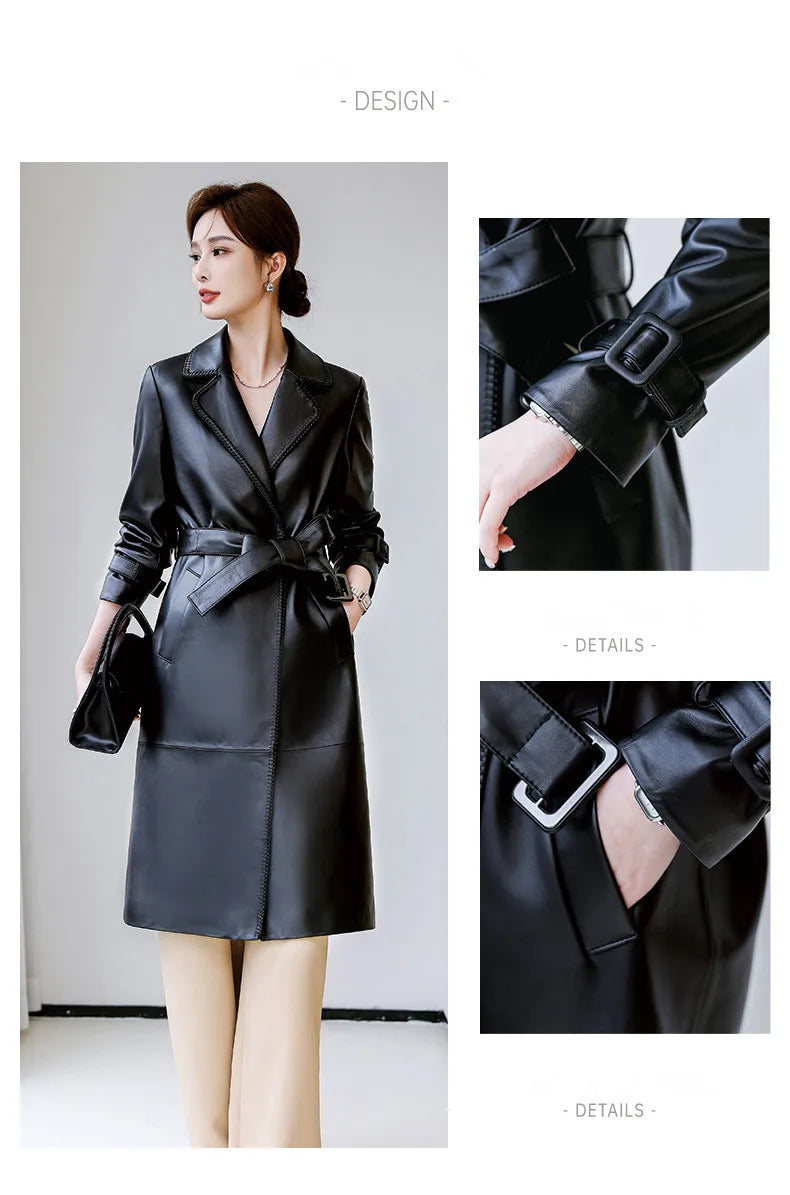 Women's Genuine Leather Trench Coat Lace-Up Long Slim Fit Spring Autumn Sheepskin Top