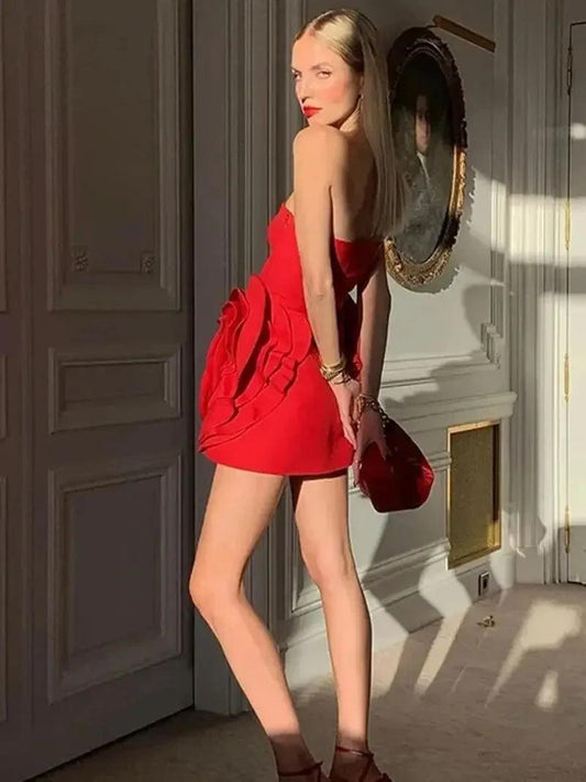 Red Strapless Mini Dress for Women - Sexy, Tight, 3D Flower Embellishment, Summer 2024 - Elegant Celebrity Party Dress - HER SHOP