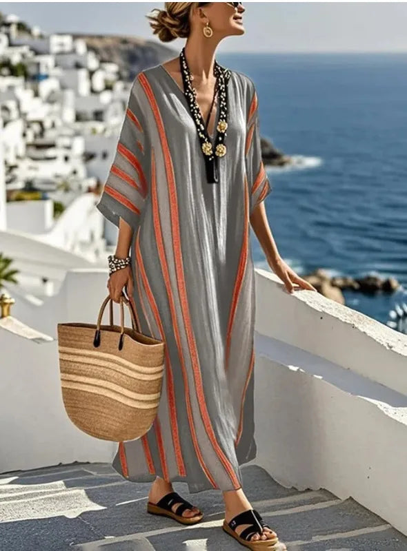 2026 Spring/Autumn Ethnic Print Maxi Dress V-Neck, Striped Contrast, Trumpet Sleeves, Loose Fit Vacation Long Dress for Women