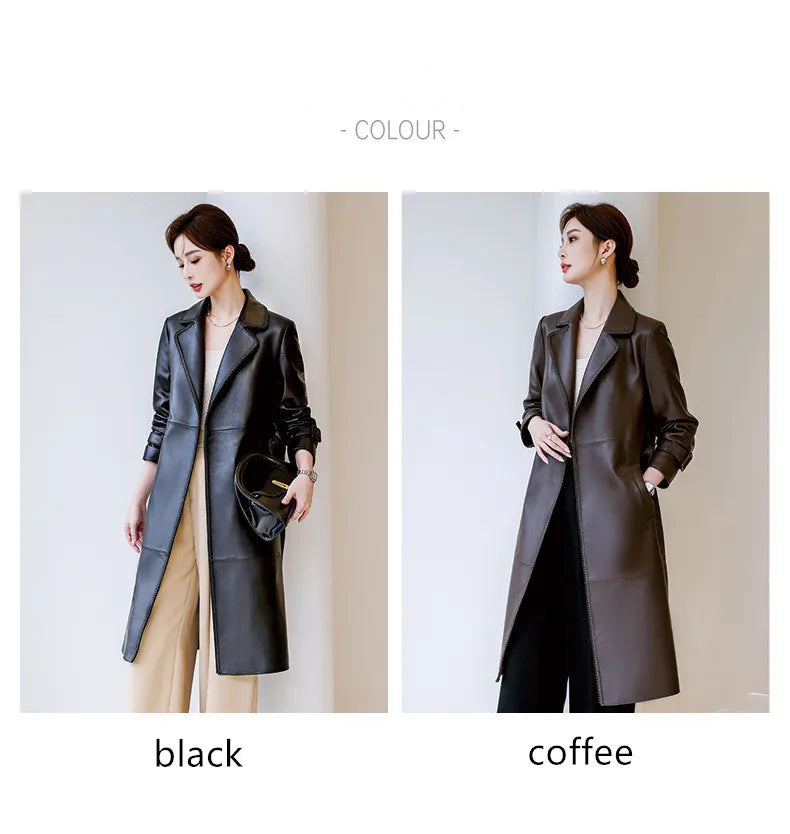 Women's Genuine Leather Trench Coat Lace-Up Long Slim Fit Spring Autumn Sheepskin Top