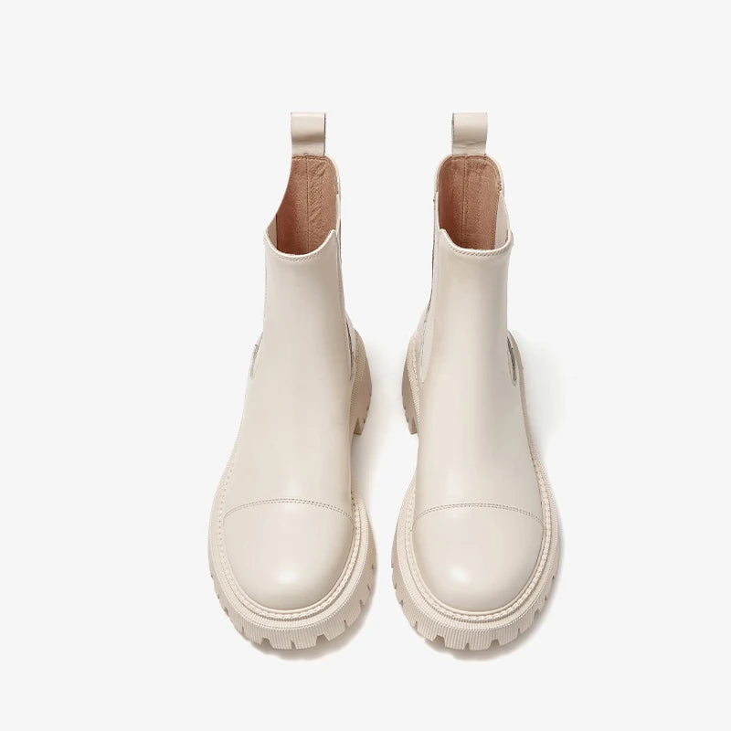 Women’s Genuine Cow Leather Ankle Boots – White Round Toe Platform Boots with Stitching Design