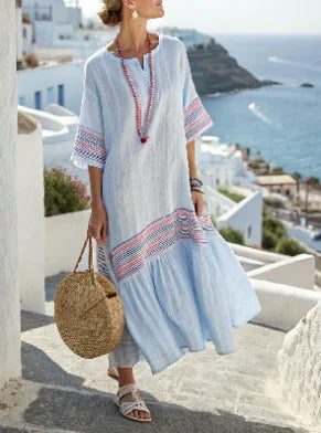 2026 Spring/Autumn Ethnic Print Maxi Dress V-Neck, Striped Contrast, Trumpet Sleeves, Loose Fit Vacation Long Dress for Women