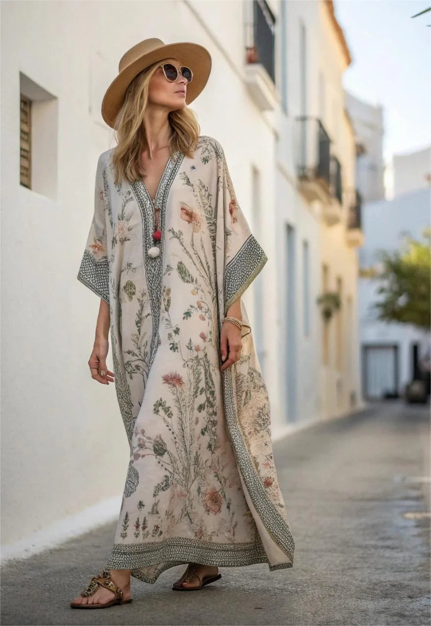 2026 Spring/Autumn Ethnic Print Maxi Dress V-Neck, Striped Contrast, Trumpet Sleeves, Loose Fit Vacation Long Dress for Women