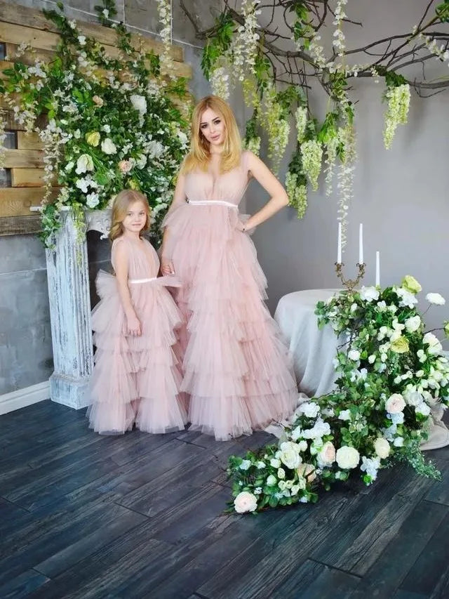 Elegant Pink Ruffled Mesh Tutu Dress for Mom and Daughter – Sleeveless Matching Outfits for Birthday Party, Prom, or Christmas Photoshoot