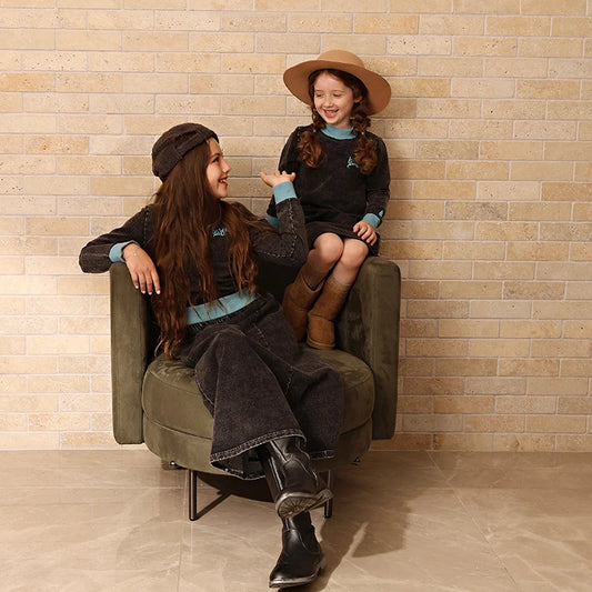 New fall collection family matching children clothes boy shirt girls dress 2pcs girls outfit baby set garment washing black gray - HER SHOP