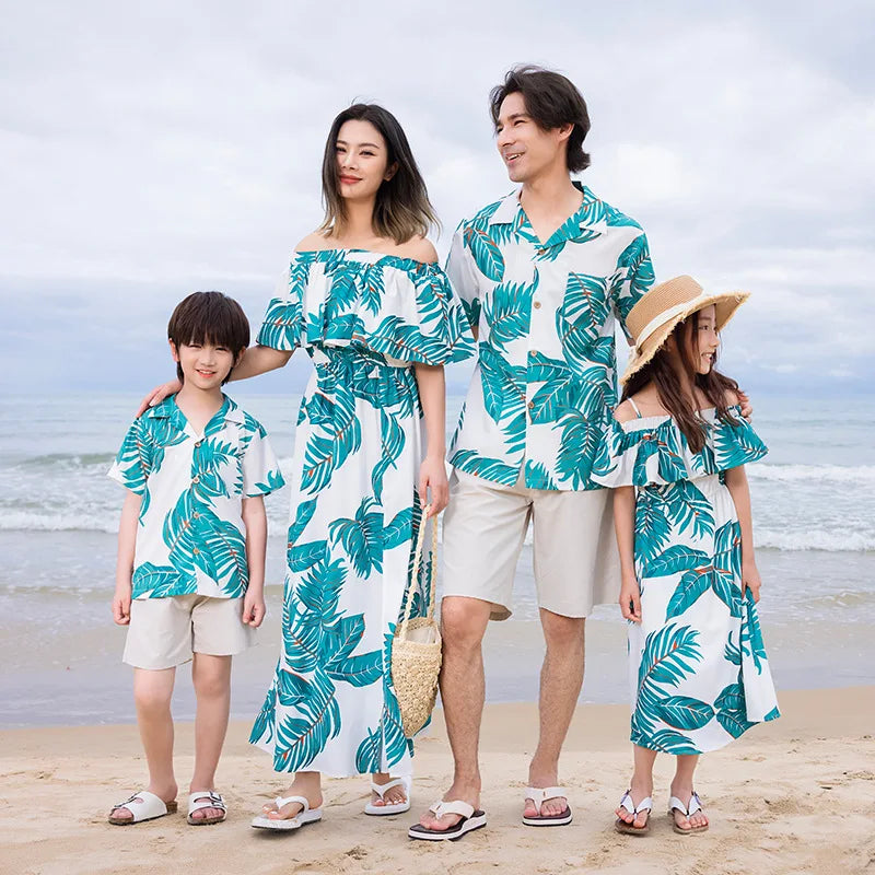Beach Ware Clothes for Family Shirts Set Vacation Long Mother and Daughter Blue Dress for The Sea Resorts Look Father Son Outfit - HER SHOP
