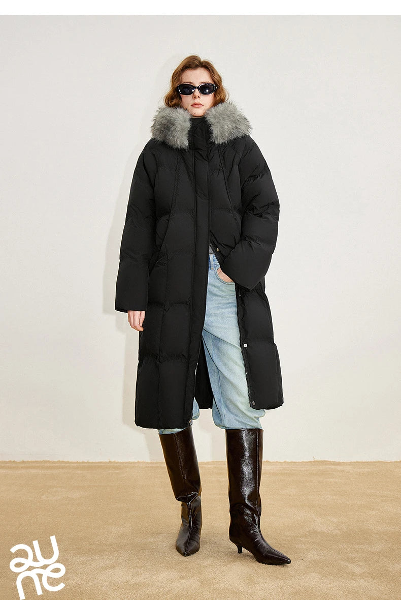 Women 90% White Duck Down Thick Down Jacket 2025 Winter New Fur Collar Hooded Extra Long Warm Jacket Coat