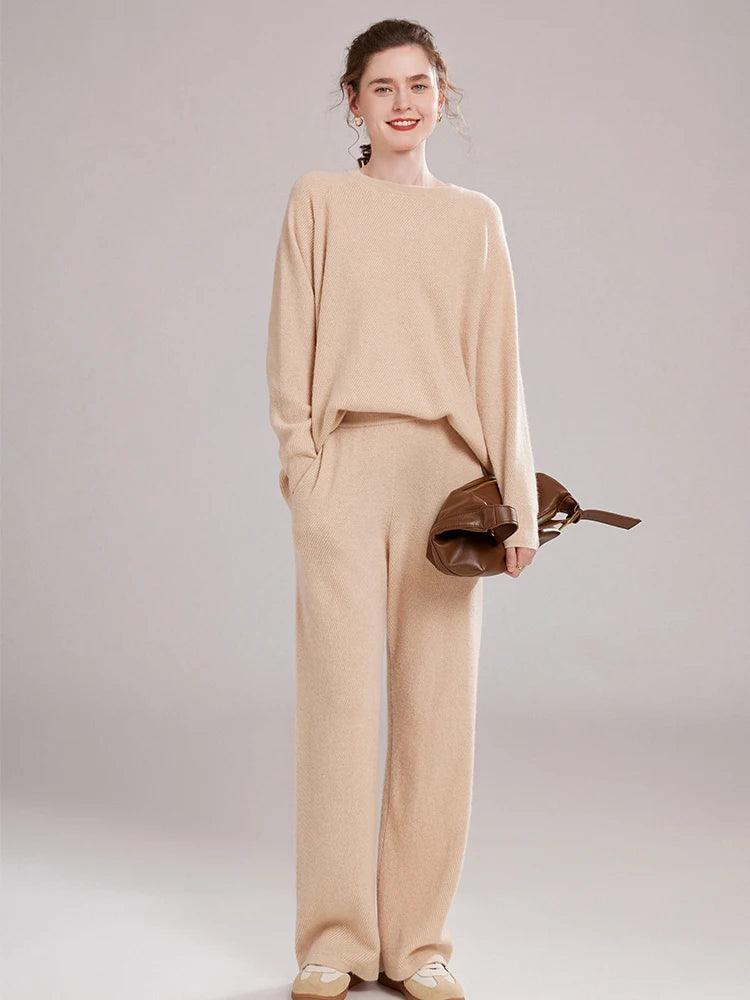 Autumn Winter 100% Cashmere Knitted Two-Piece Set – High-Quality Sweater and Harem Pants for Women