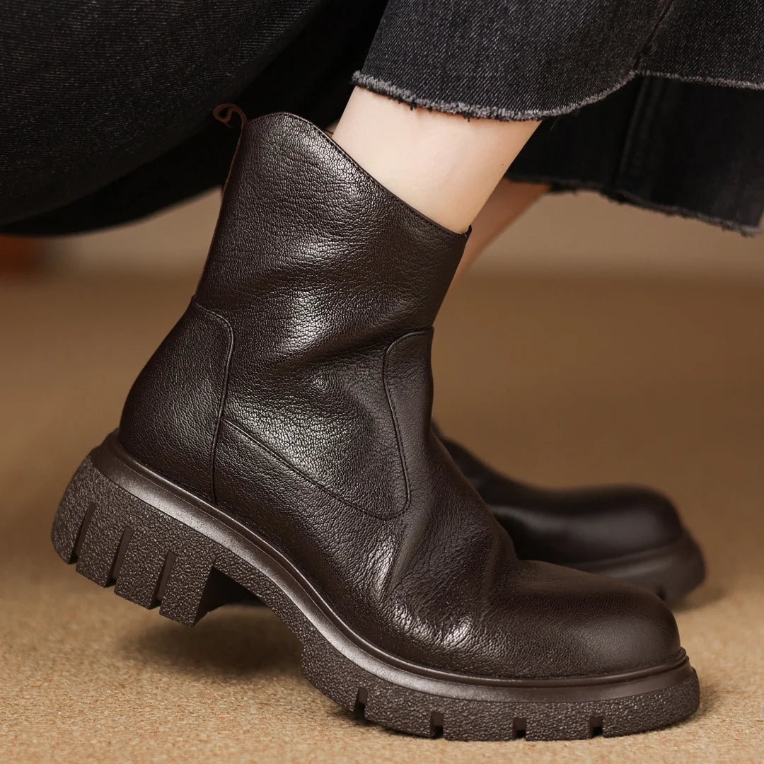 Women’s Genuine Sheepskin Ankle Boots with Side Zip – Round Toe, Soft Comfort, Thick Sole Casual Boots for Autumn