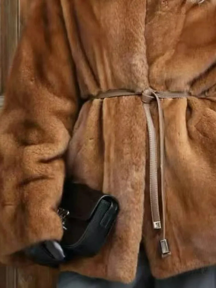 Women’s Minimalist Eco Faux Mink Shearling Coat with Tie Belt – Luxury V-Neck Winter Designer Outerwear