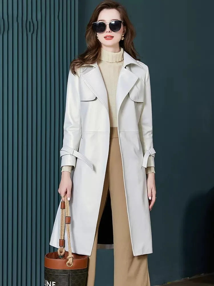 Women's Luxury Genuine Sheepskin Leather Long Trench Coat – Elegant Slim Fit White Belted Windbreaker for Autumn Office