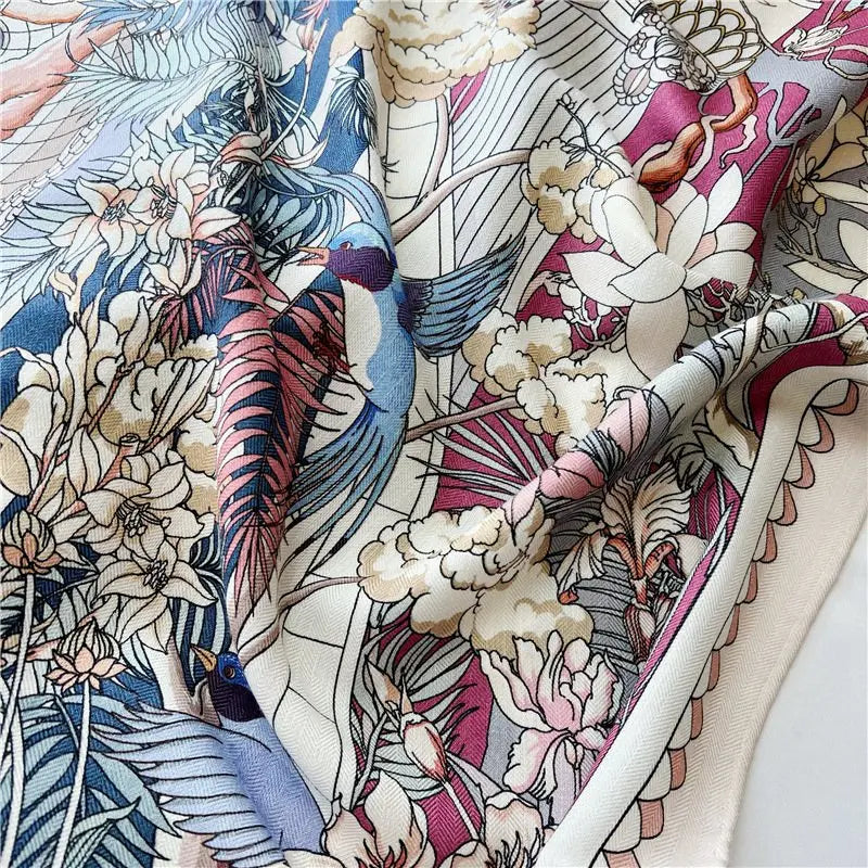 Women’s Large Square Wool & Silk Blanket Scarf – Double-Sided Printed Shawl Cape, 130×130cm