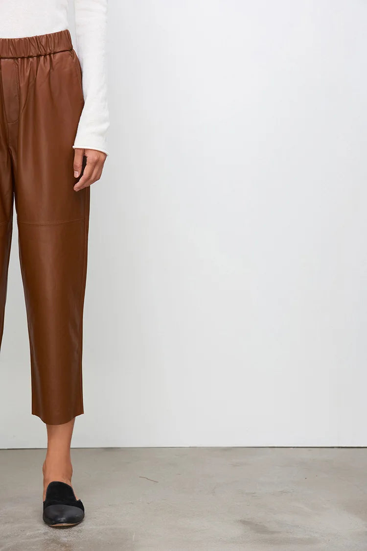 Women’s Genuine Sheepskin Leather Pants – High Waist Straight Fit Ankle-Length Trousers