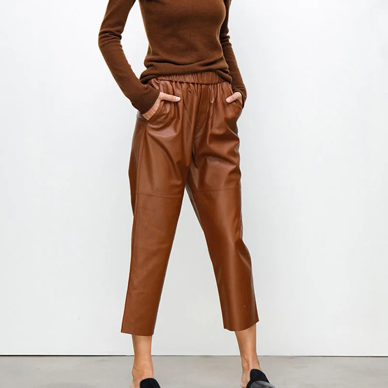 Women’s Genuine Sheepskin Leather Pants – High Waist Straight Fit Ankle-Length Trousers