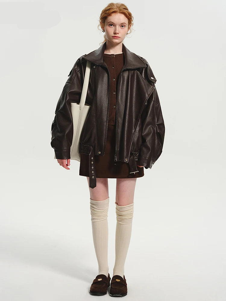 Women’s Oversized Brown PU Leather Jacket – Retro American Style, Long Sleeve Zip-Up, Luxury Designer-Inspired Outerwear for Spring & Autumn