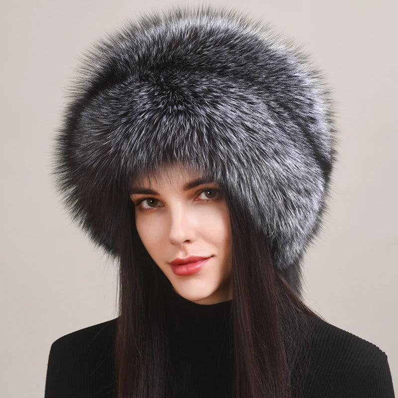 Women's Winter Bomber Hat – Genuine Natural Fox Fur Cap for Outdoor Warmth and Fashion