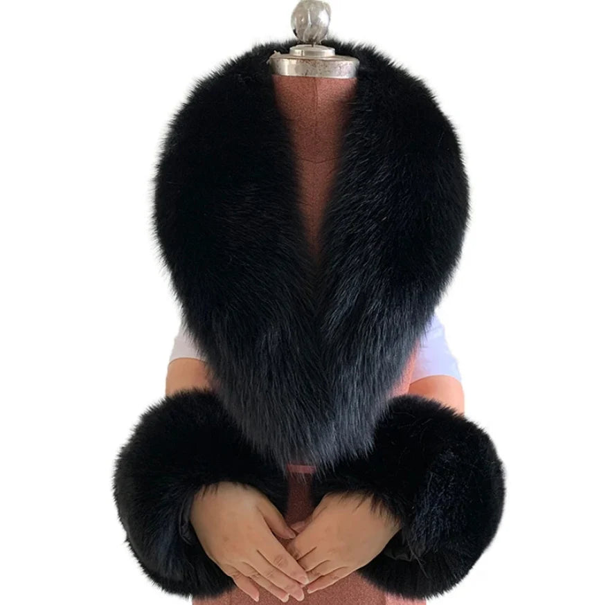 Luxury 100% Natural Fox Fur Scarf & Cuff Set for Women – Authentic Winter Fox Fur Collar, Ultra-Warm Neck Warmer