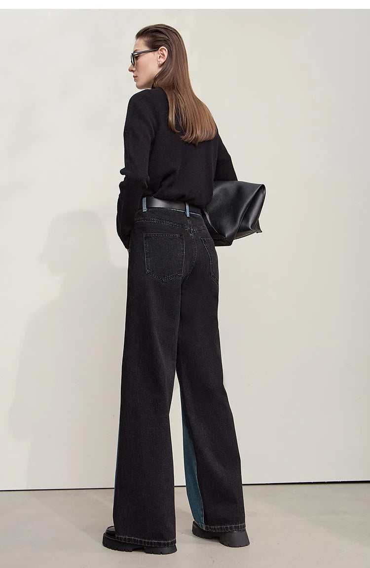 Retro Patchwork Wide-Leg Denim Jeans – Casual Loose Fit Women’s Pants