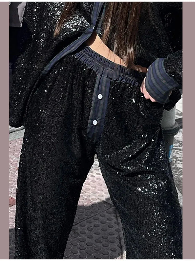 Women’s Premium Sequined Splicing Straight-Leg Pants – High-Waist Casual Commuter Trousers